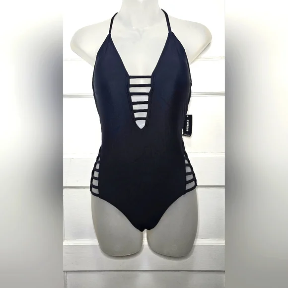 Express Black Halter Swimsuit W/Hip & Chest Cutouts Low CrissCross Back Sz S - Picture 2 of 8